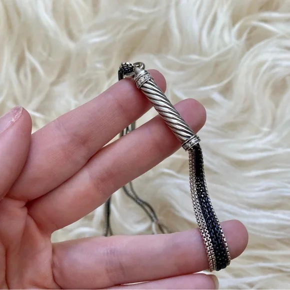 David Yurman Sterling Silver and Black Diamond Tassel Cable Chain Long Necklace - Picture 10 of 15